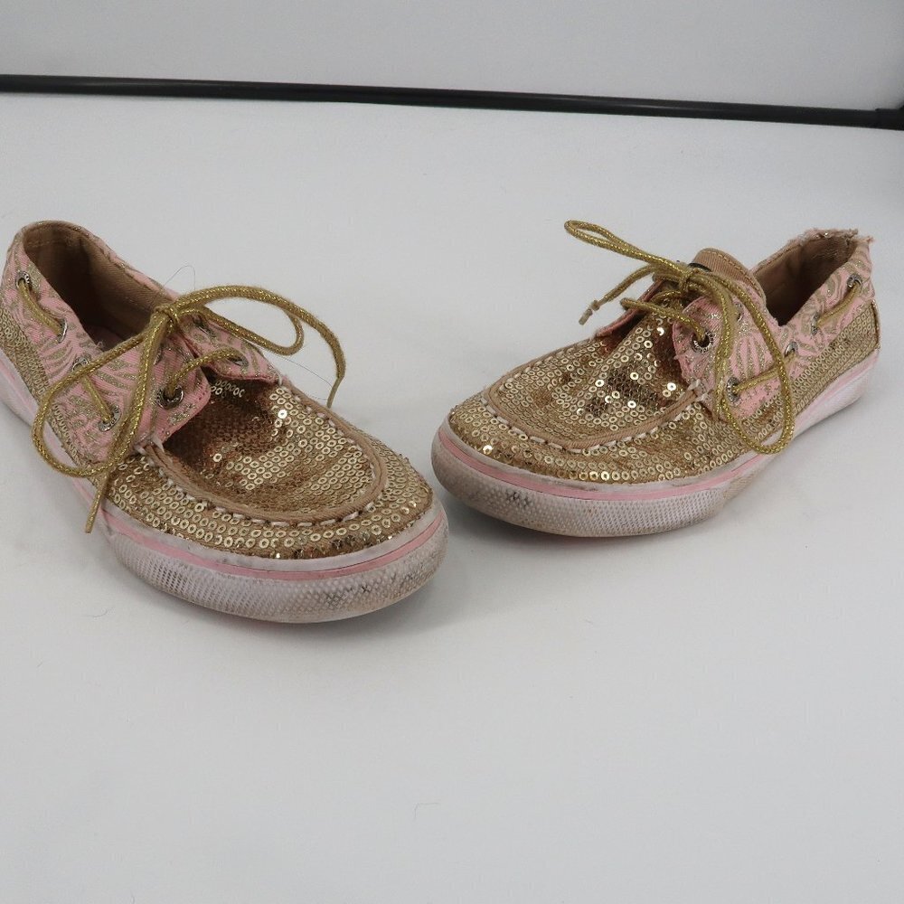 Girls Sperry Gold Sequin w Pink Detail Boat Style Shoes Size 2